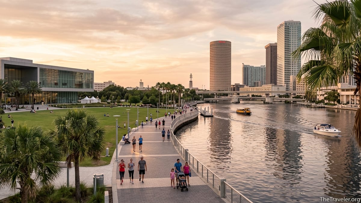 Sunset view of the Tampa Riverwalk with people strolling along the waterfront and the downtown skyline in the background.