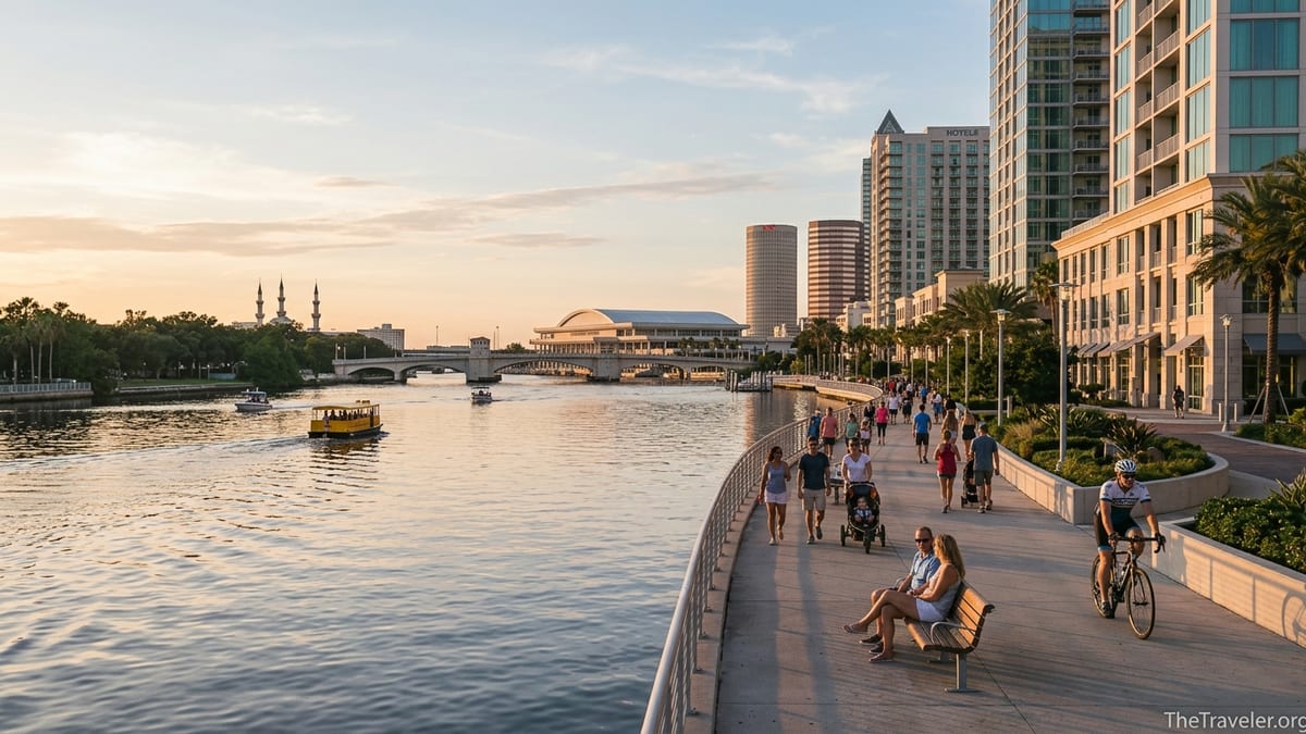 Early evening view of Tampa Riverwalk with people walking beside the river and downtown skyline in warm light.