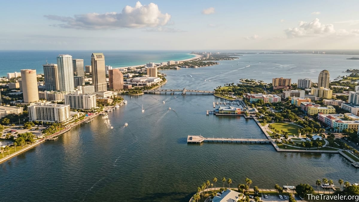 Aerial view of downtown Tampa and St. Petersburg with Tampa Bay and distant Gulf beaches at sunset.