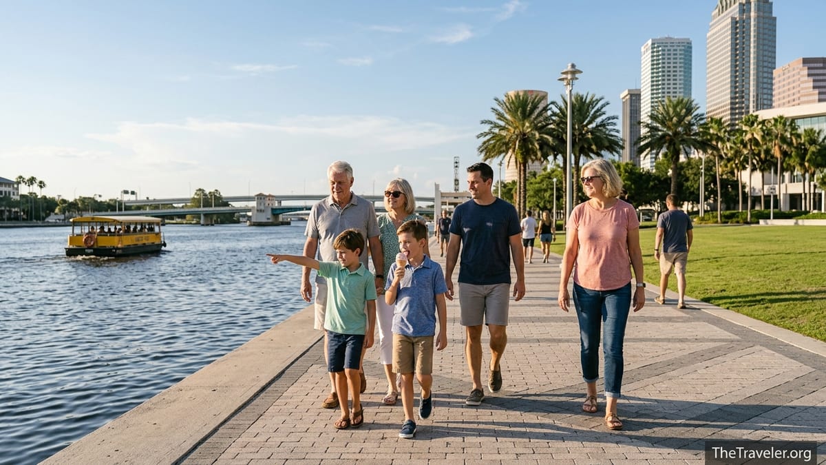 Family with children walking along Tampa Riverwalk near Curtis Hixon Park on a sunny day.