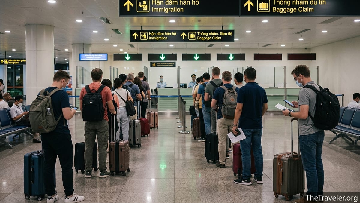 Passengers queue at Tan Son Nhat Airport immigration hall in Ho Chi Minh City.