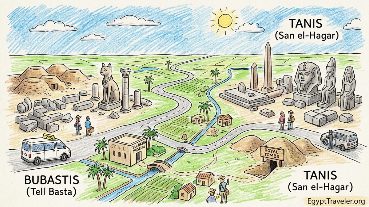 Travelers exploring statues and broken obelisks at Tanis archaeological site in Egypt’s eastern Nile Delta.