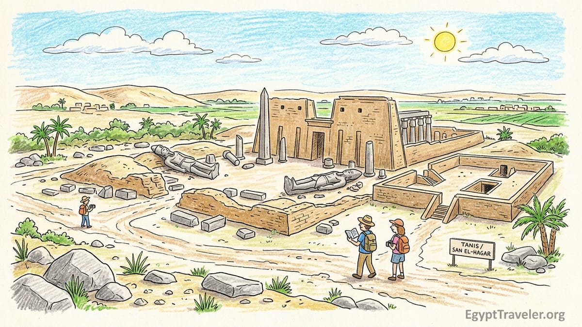 View across the ruined Amun temple precinct and royal necropolis at Tanis in Egypt’s Nile Delta.