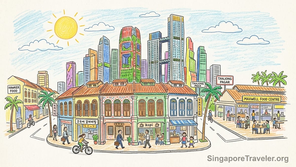 Conserved shophouses and modern towers in Tanjong Pagar at dusk with people dining outdoors.