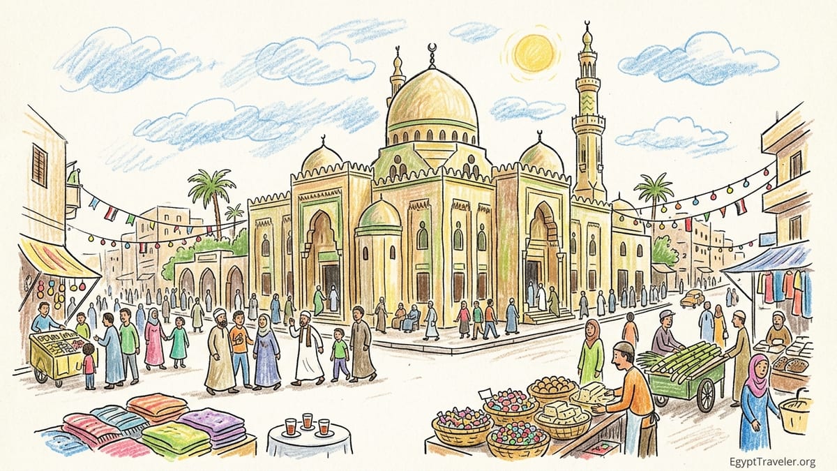 Street market in front of Ahmad al-Badawi Mosque in Tanta with locals and sweet shops.