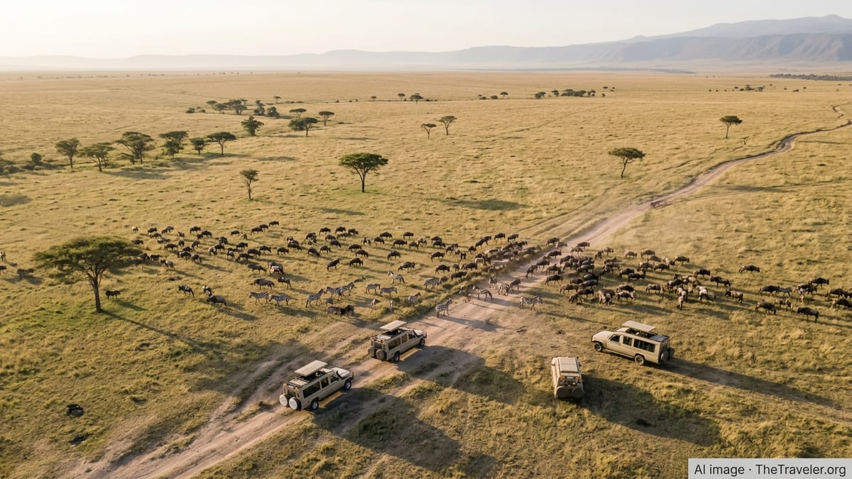 Aerial view of safari vehicles and wildlife crossing the Serengeti plains at sunset in Tanzania.
