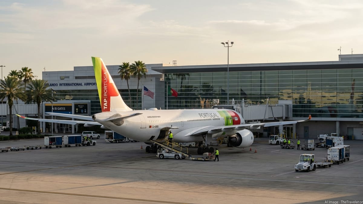 TAP Air Portugal Airbus A330 at an Orlando International Airport gate under a warm evening sky.