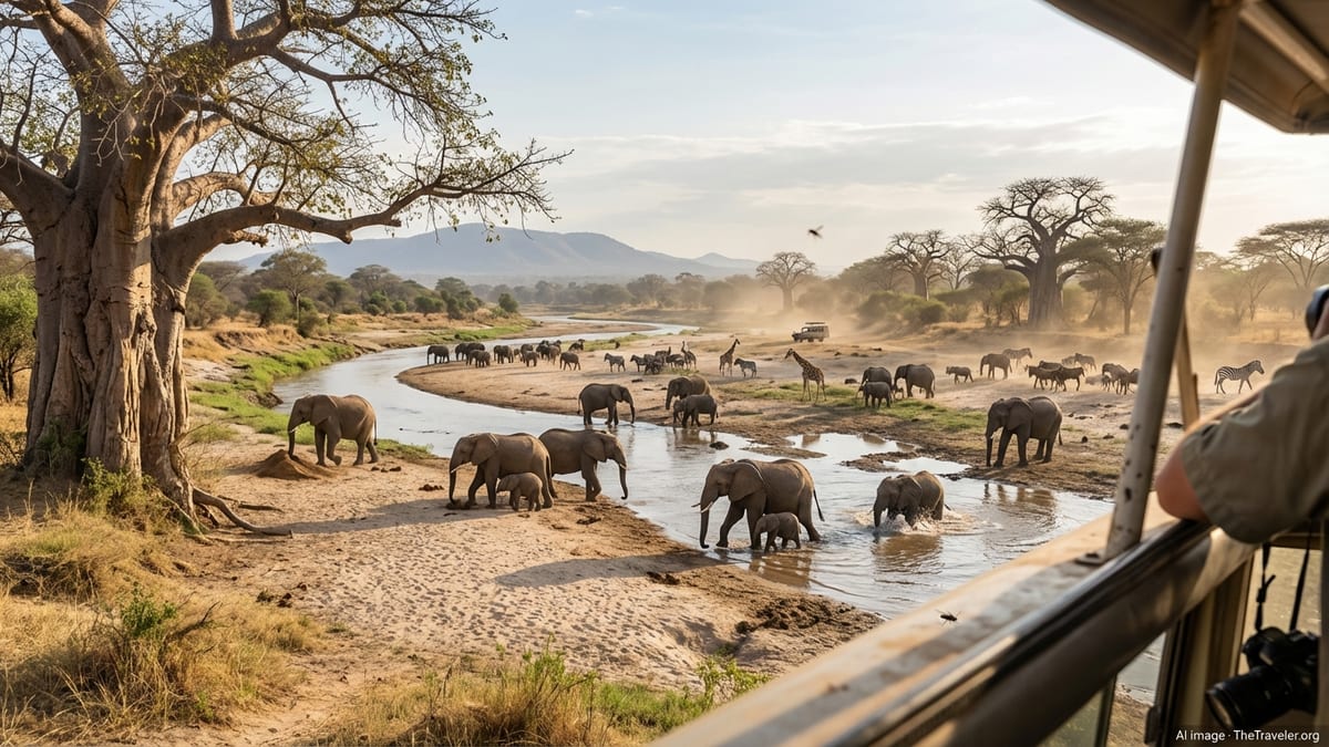 Late afternoon wildlife gathering by a river in Tarangire National Park, Tanzania.