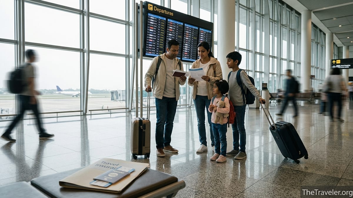 Indian family reviewing travel insurance documents in an international airport terminal