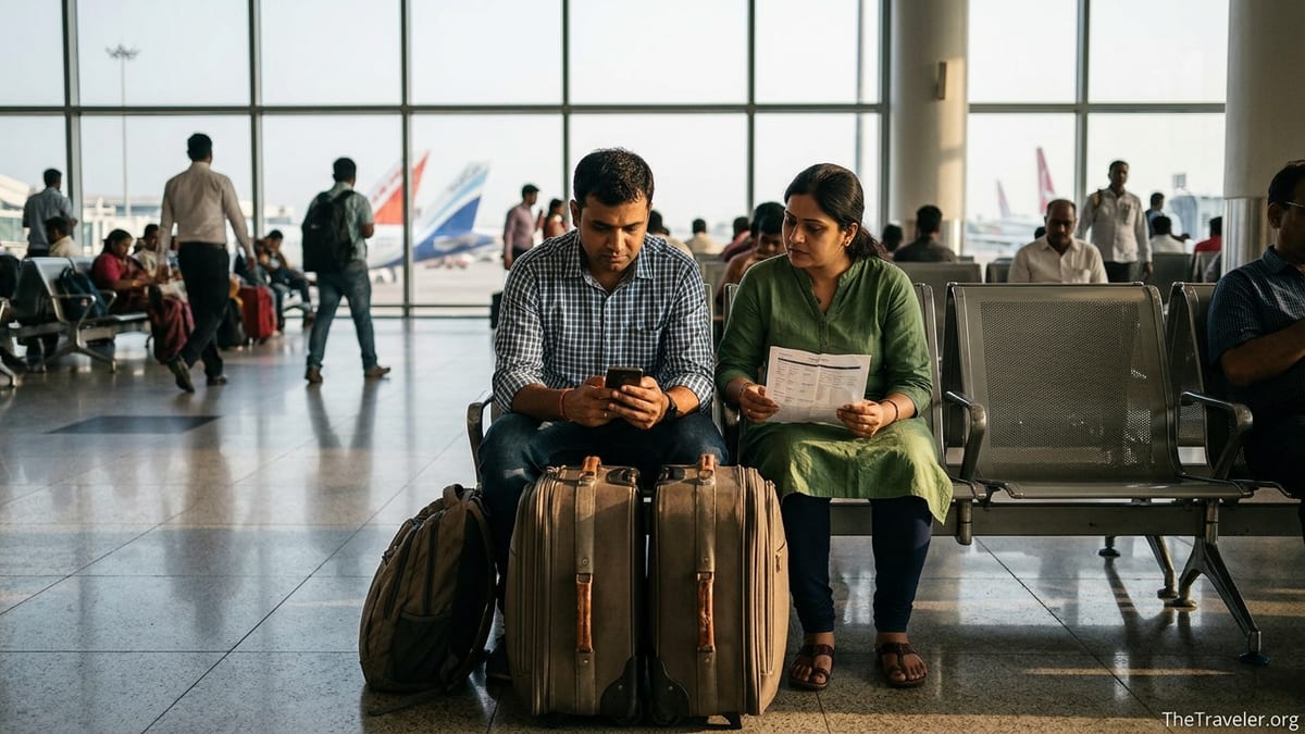 Indian couple at an airport reviewing travel insurance details before their flight
