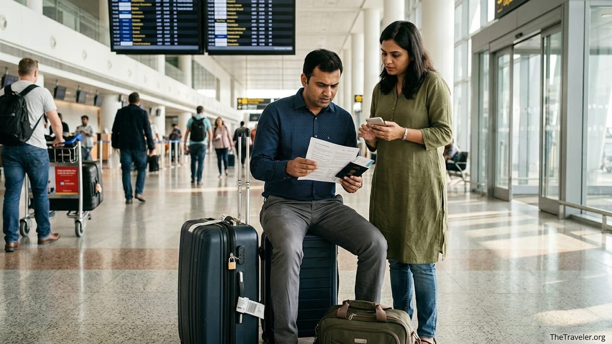 Indian couple at an airport reviewing travel insurance documents near their luggage.