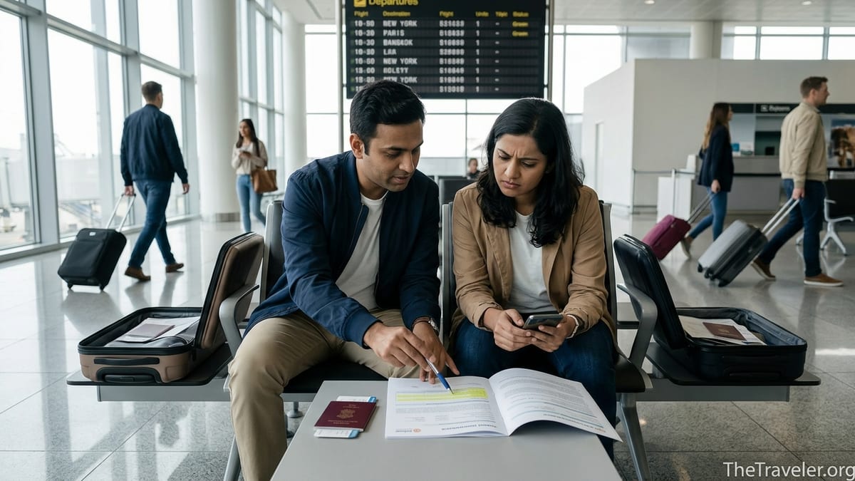 Indian couple at airport reviewing printed travel insurance documents before an international flight.