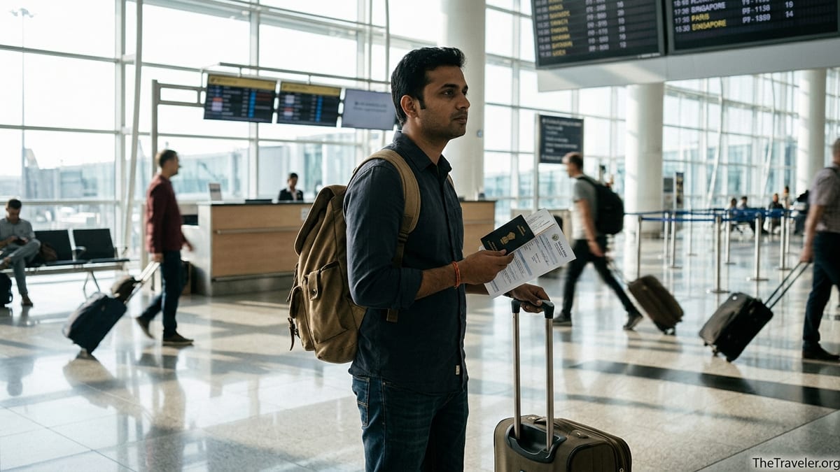Traveller at international airport reviewing travel insurance documents before departure