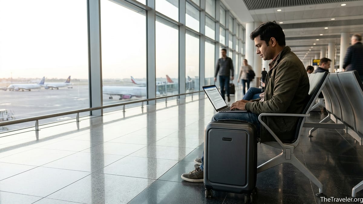 Traveller with suitcase reviewing travel insurance on laptop in a bright airport terminal.