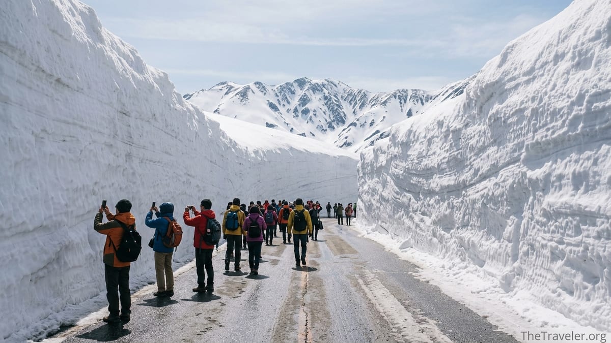 Travelers walking between towering snow walls on the Tateyama Kurobe Alpine Route at Murodo.