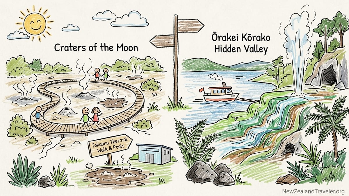 Geothermal terraces and steaming pools near Taupō with a boardwalk winding through native bush.