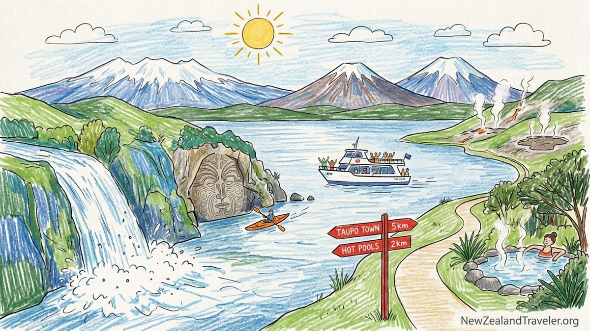 A sightseeing boat on Lake Taupō heading toward Māori rock carvings with distant volcanoes.