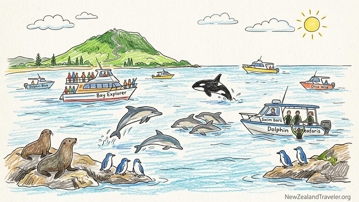Dolphin cruise boat off Tauranga with dolphins riding the bow and Mount Maunganui in the background.