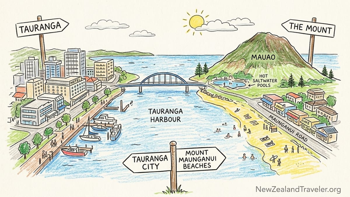 Aerial view of Mount Maunganui beach, Tauranga harbour and coastline towards Pāpāmoa in Bay of Plenty.