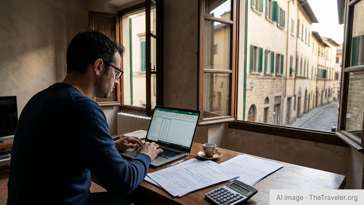 Remote worker in an Italian apartment reviewing tax documents next to a laptop.