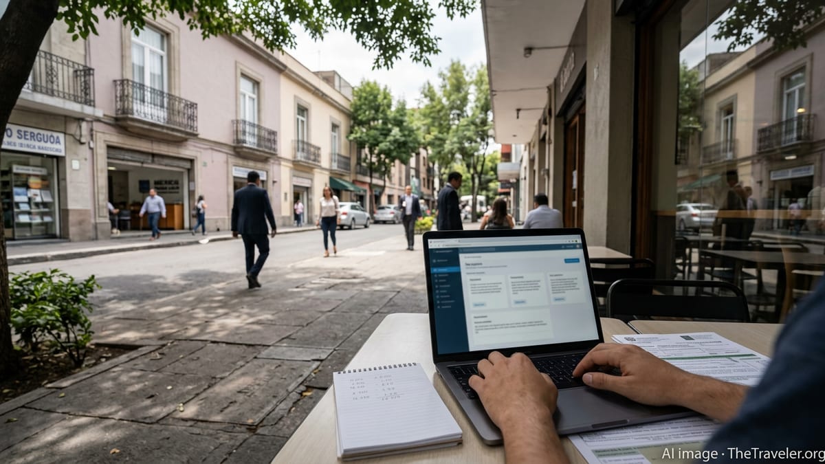 Digital nomad reviewing tax documents on a laptop at an outdoor café in Mexico City.