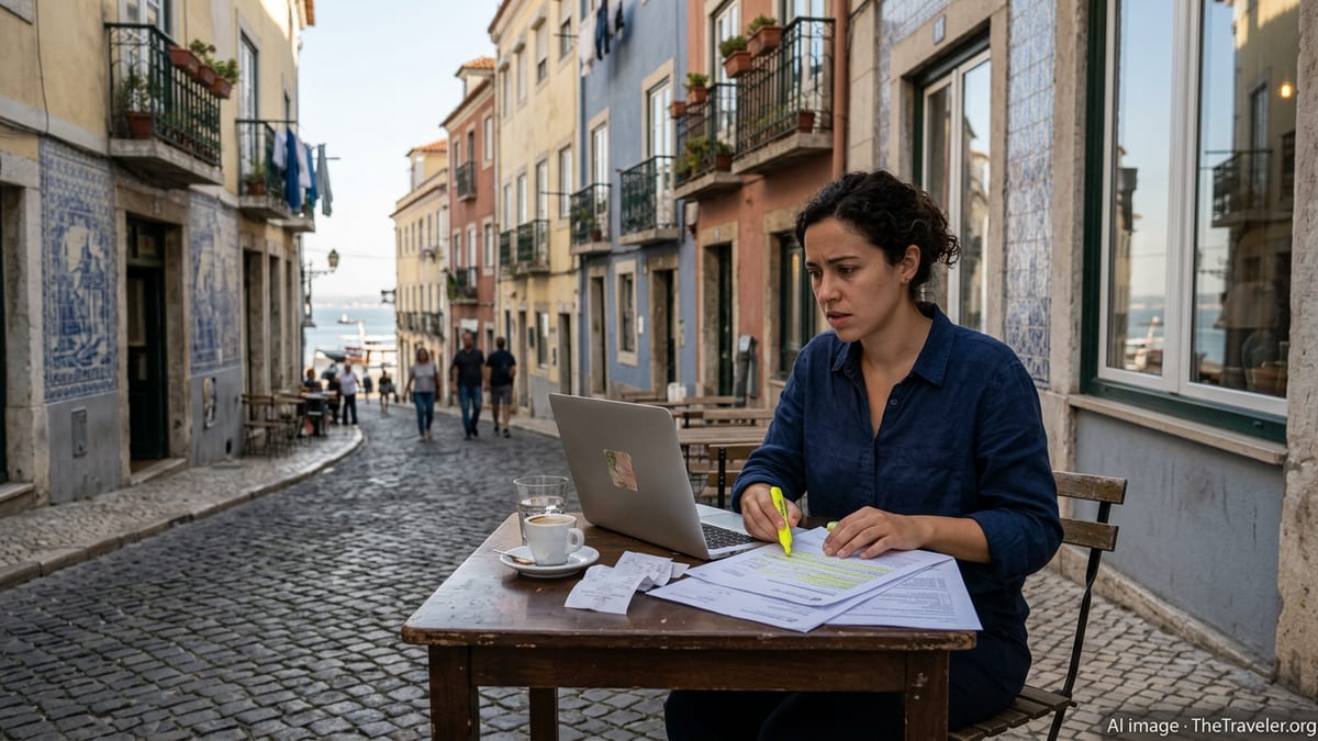 Digital nomad in Lisbon cafe reviewing tax papers while working on a laptop.