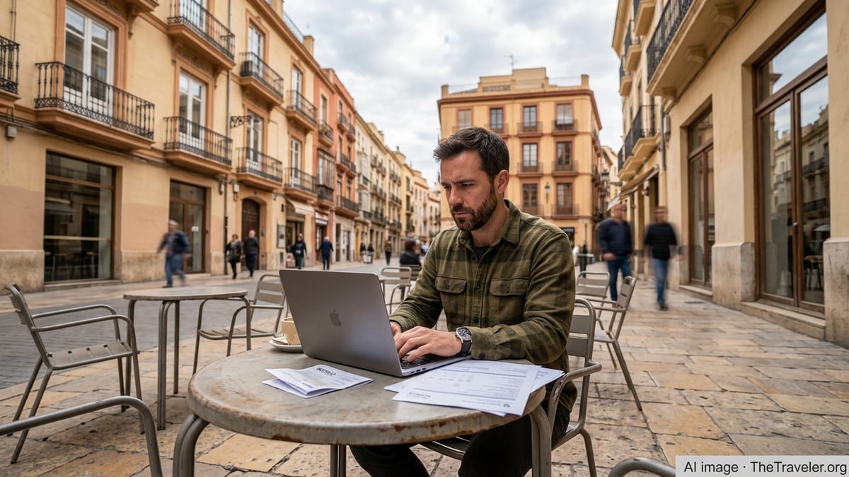 Remote worker with laptop at an outdoor café in Spain reviewing tax documents.