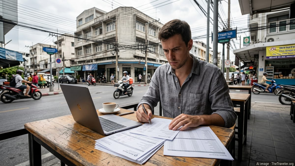 Digital nomad in Bangkok café reviewing financial documents beside a laptop.