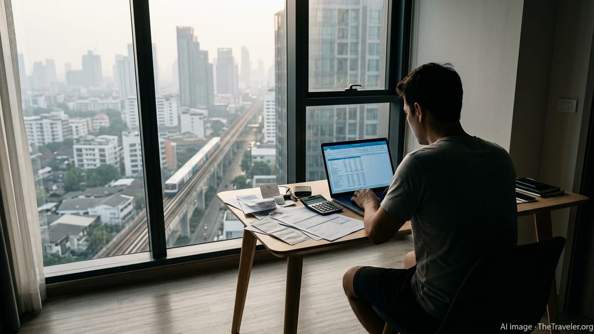 Remote worker in Bangkok apartment reviewing tax documents at laptop with city skyline outside.