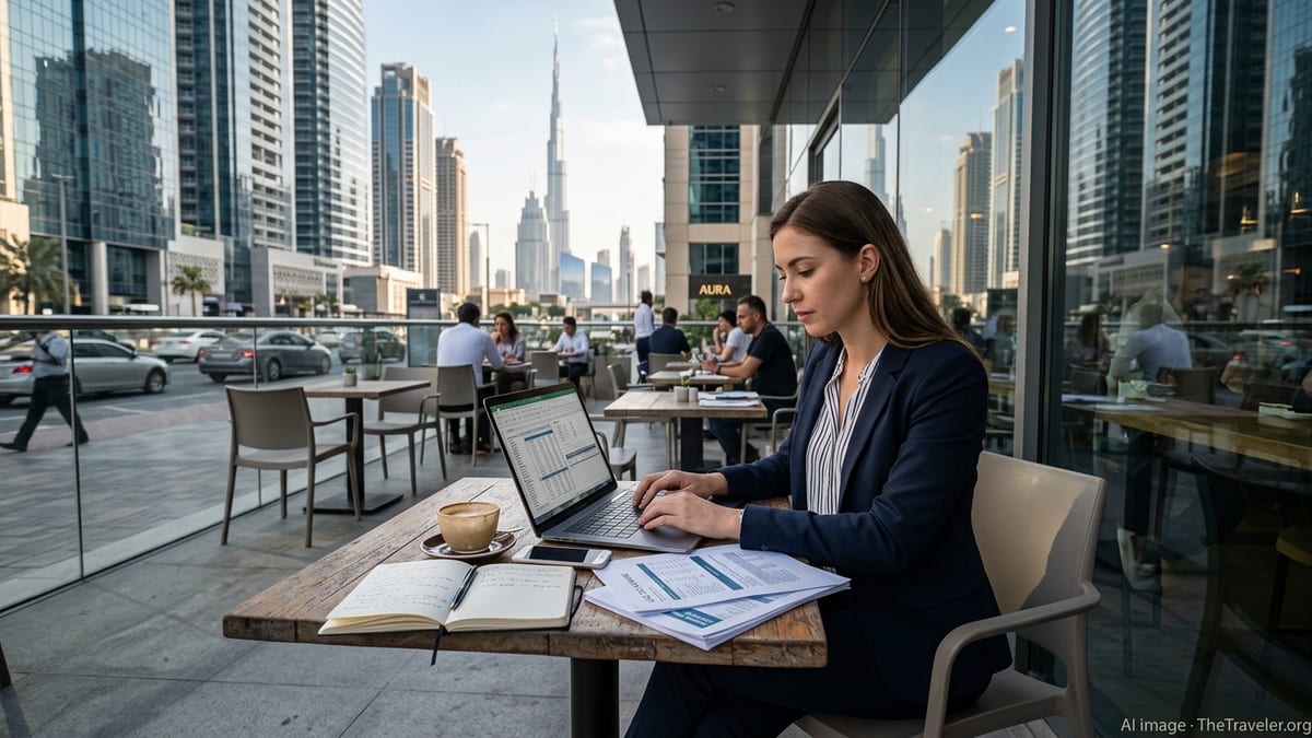 Remote worker with laptop at Dubai café overlooking modern skyscrapers.