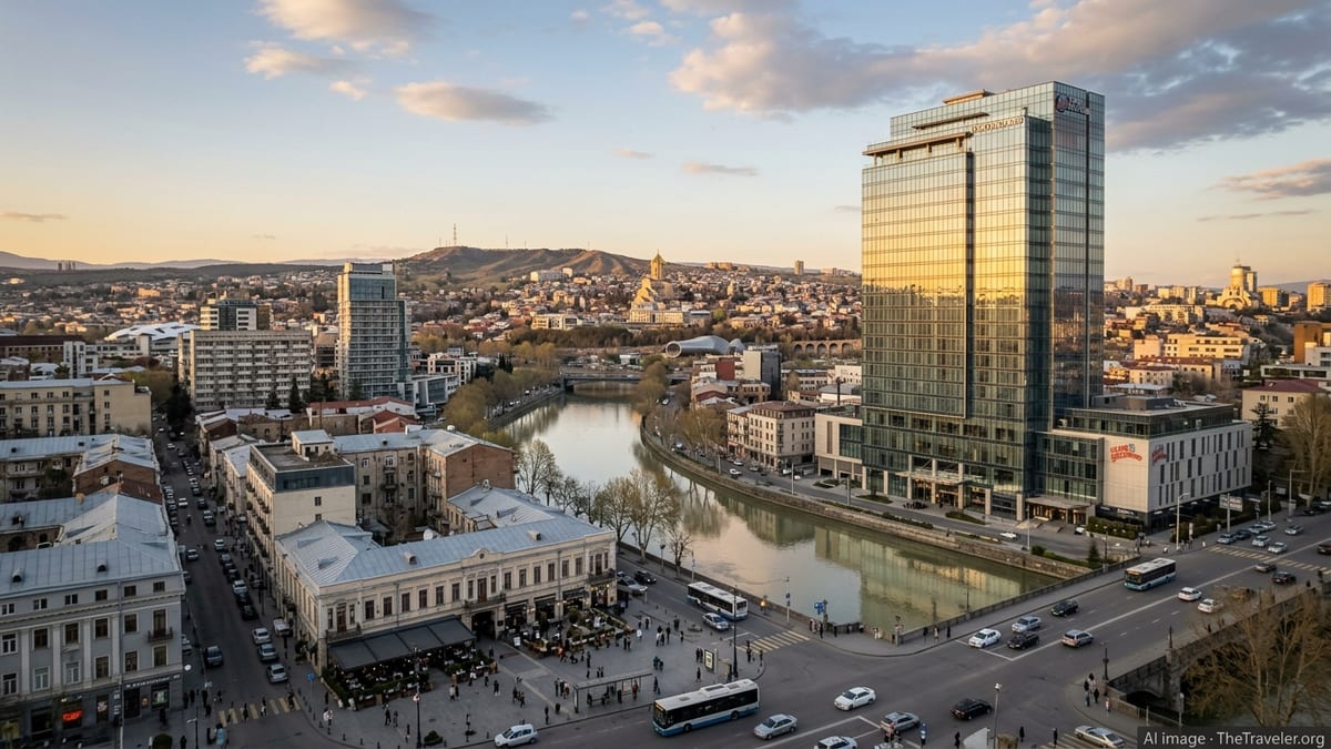 Evening view of central Tbilisi with a modern glass luxury hotel rising above the historic city.
