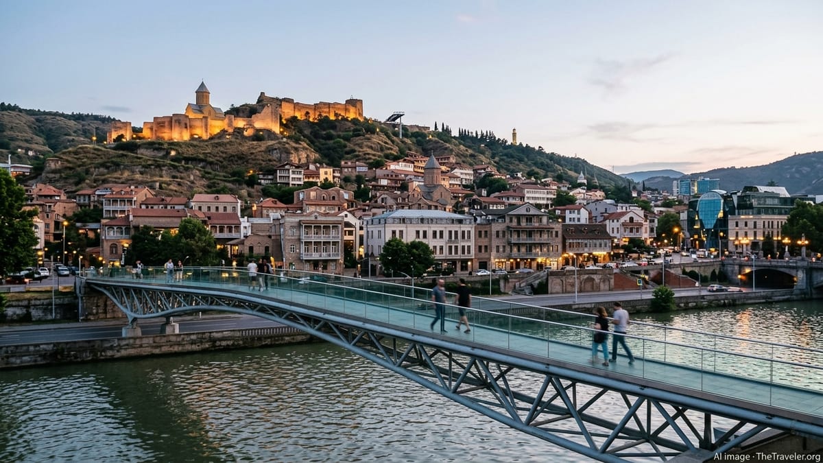 Evening view of Tbilisi’s Peace Bridge and Old Town with Narikala Fortress lit above the river.