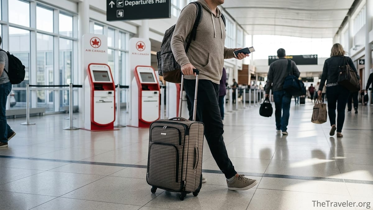 Traveler with suitcase walking toward Air Canada check-in at a Canadian airport terminal.