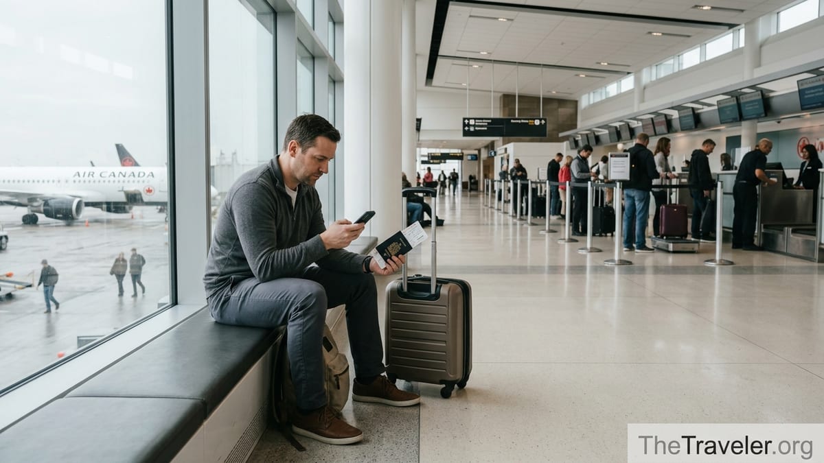 Traveler at a Canadian airport holding a TD Aeroplan Visa Infinite card with suitcase and boarding pass nearby.