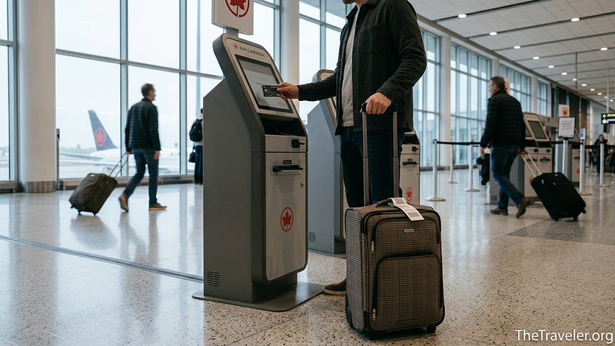 Traveler using a credit card at an Air Canada airport check-in kiosk with luggage.