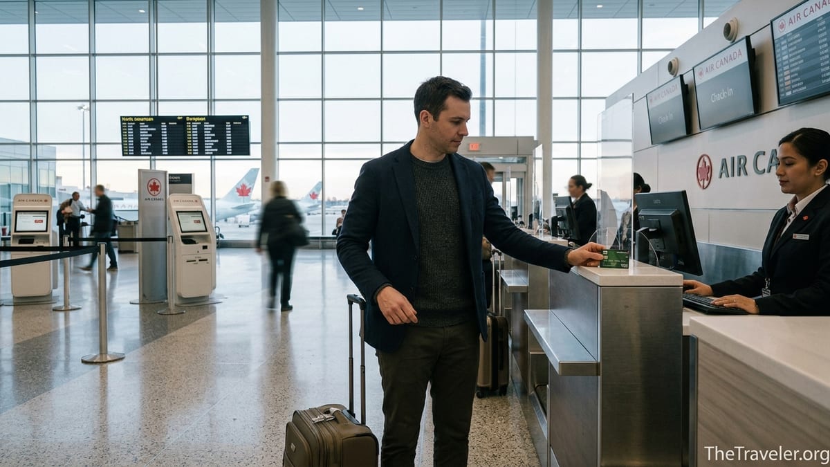 Traveler using a TD Aeroplan-style credit card at an Air Canada check-in counter in a bright Canadian airport terminal.