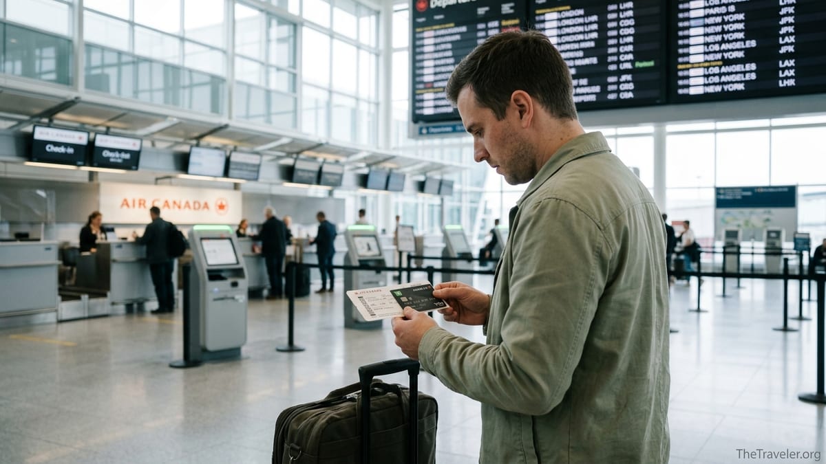 Traveler at a Canadian airport looking uncertainly at a TD Aeroplan Visa Infinite card and boarding pass.