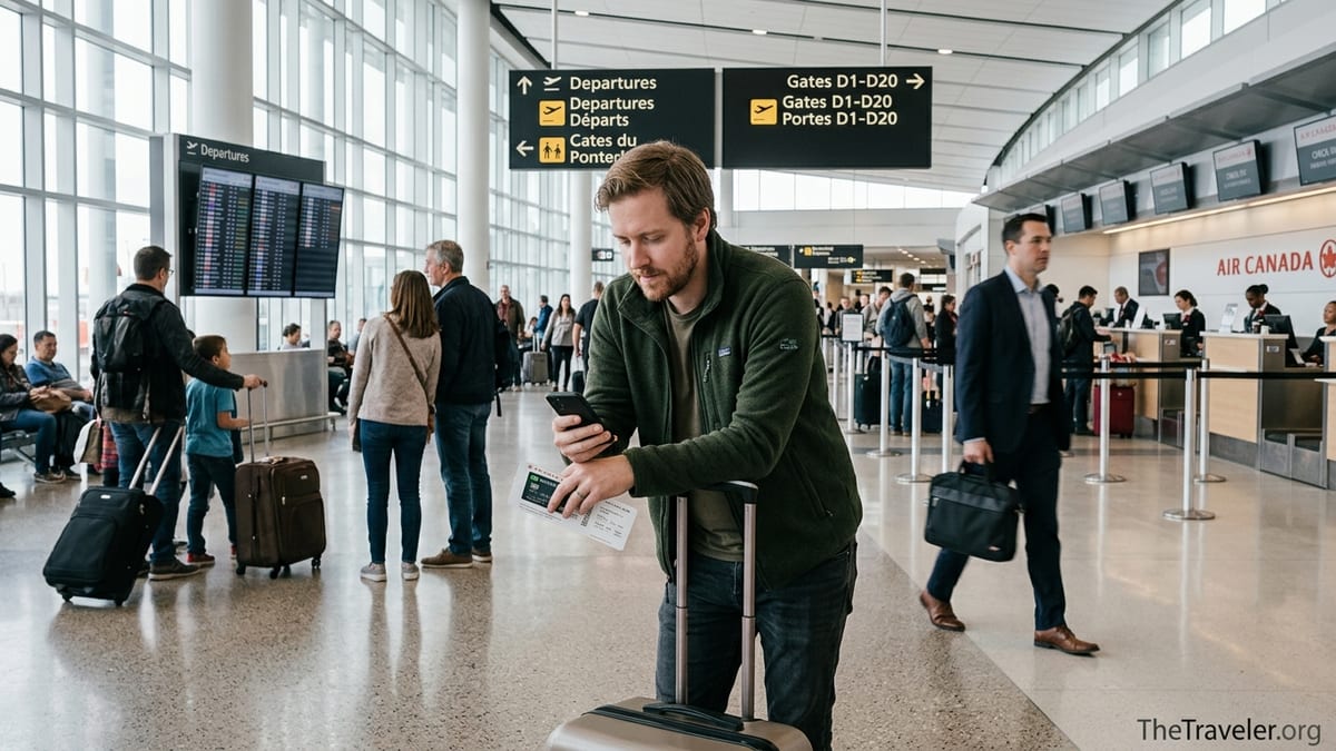 Traveler holding a TD Aeroplan Visa Infinite card at a busy Canadian airport terminal.