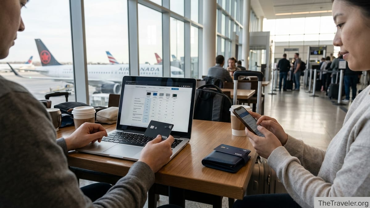 Two travelers compare Visa travel credit cards at a café table in a busy airport terminal.
