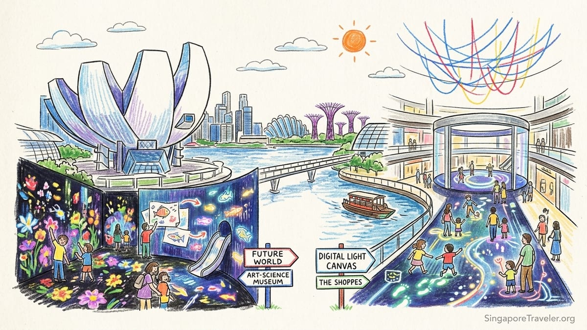 Visitors explore teamLab Future World and view the glowing Digital Light Canvas inside Marina Bay Sands.
