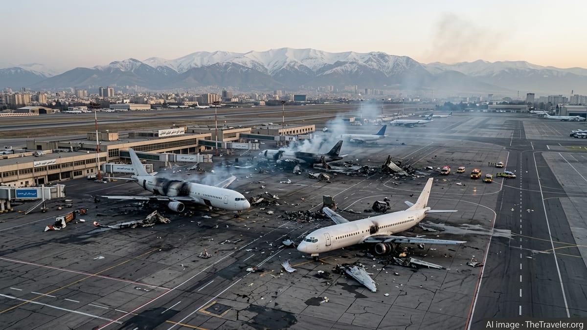 Burned and wrecked airliners scattered across Tehran airport tarmac at dawn after airstrikes.