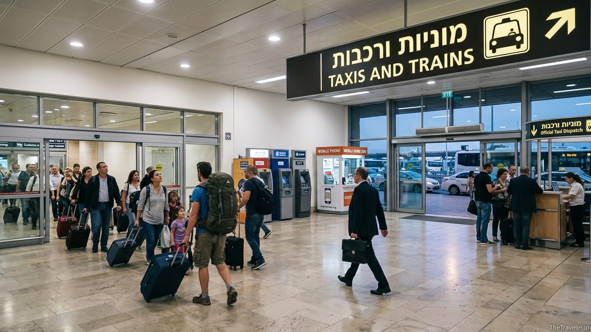 Arrivals hall at Tel Aviv Ben Gurion Airport with travelers, ATMs and signs for taxis and trains.