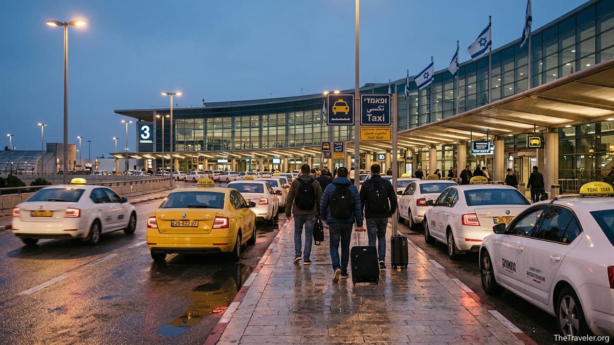 Official taxi rank outside Tel Aviv Ben Gurion Airport with taxis and travelers at dusk.