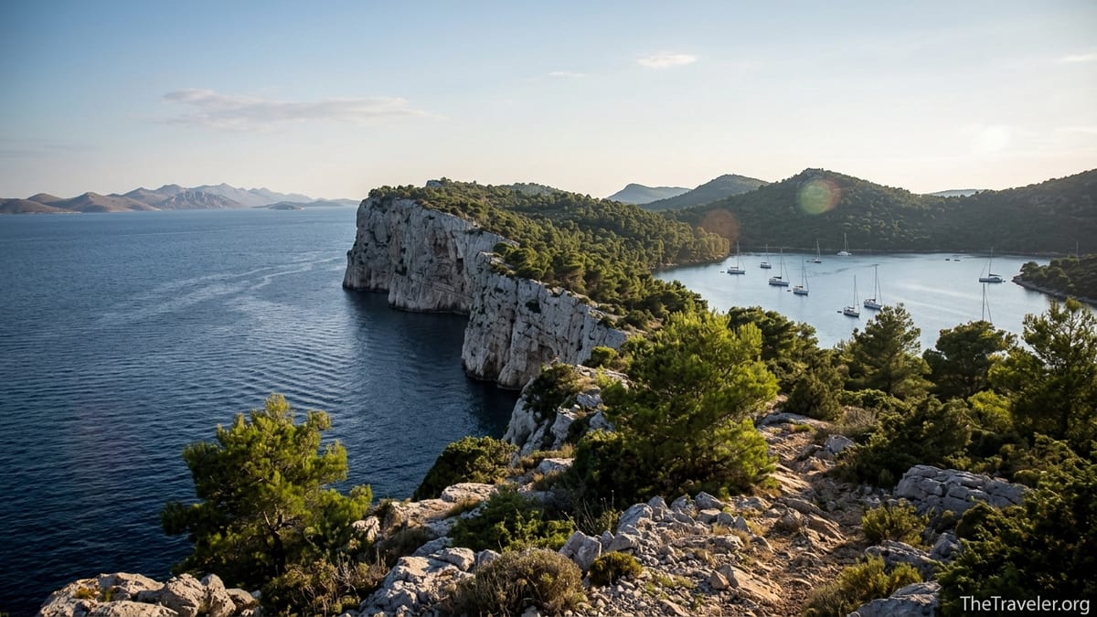 Cliffs and sheltered bay of Telašćica Nature Park on Dugi Otok at sunset