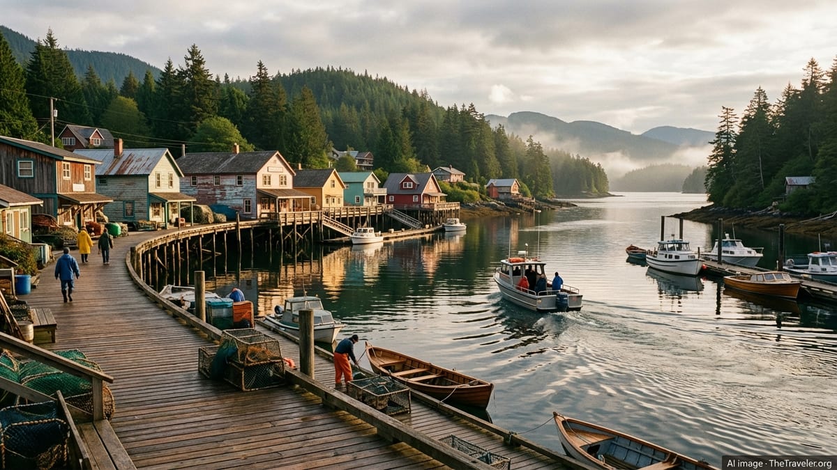 Telegraph Cove boardwalk and harbor with heritage buildings and boats on a calm evening.