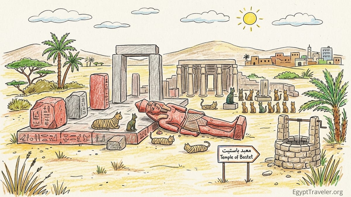 Ruins of the Temple of Bastet at Tell Basta with scattered granite blocks near Zagazig in Egypt.