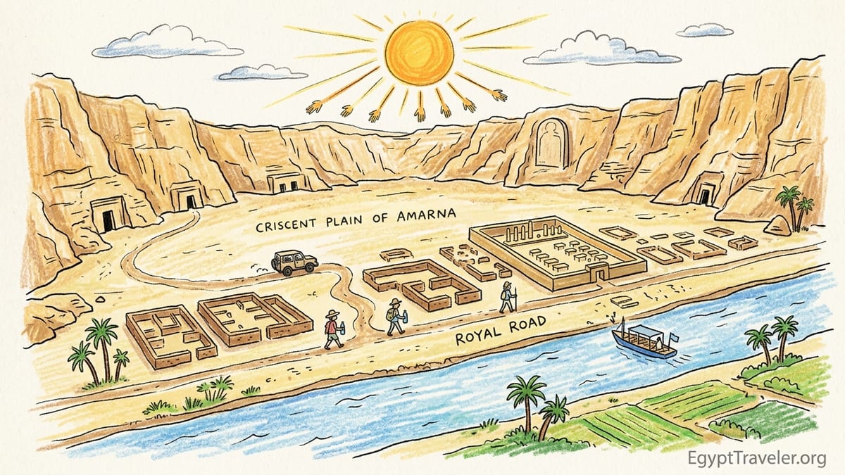 View over the Tell el-Amarna desert plain toward the Nile from the cliffs near the North Tombs.