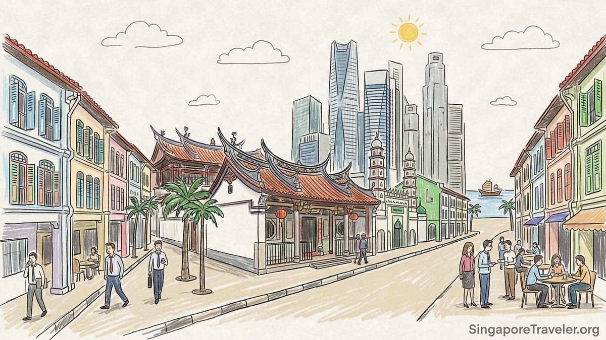 Telok Ayer temples and conserved shophouses framed by modern CBD towers in Singapore