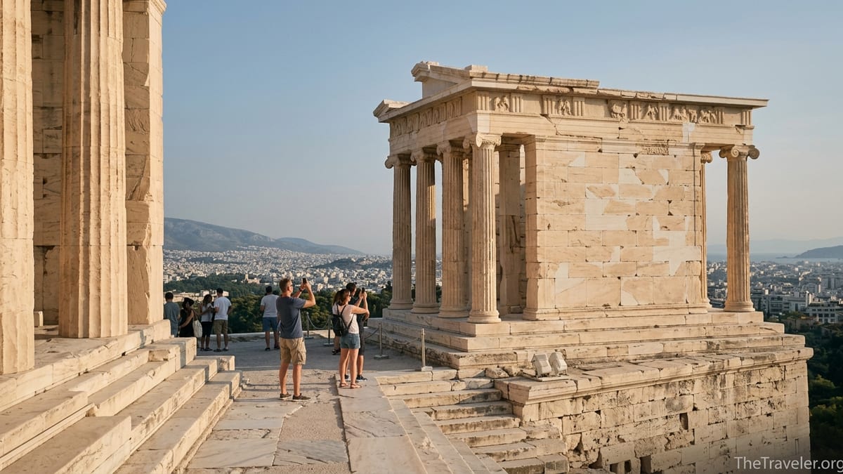 Temple of Athena Nike on its bastion beside the Propylaea, overlooking Athens at sunset.