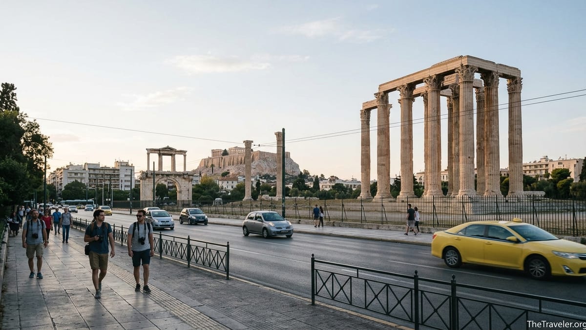 Late afternoon view of the Temple of Olympian Zeus and Hadrian’s Arch from the main avenue in Athens.